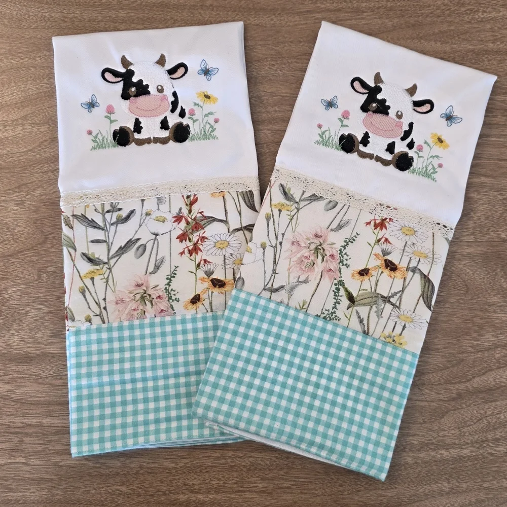 Handcrafted Embroidered Floral & Country Cow Tea Hand Towels Set Of 2 18